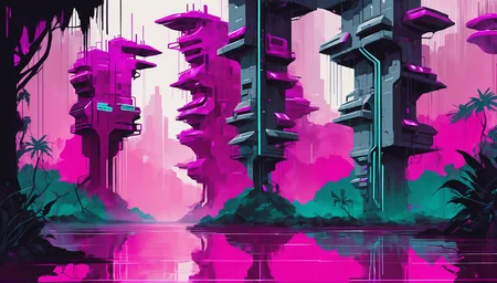 highly stylized sci-fi digital acrylic painting of a metropolisin a Tropical Monsoon Forest, photoshop thick acrylic brushes, magenta and gray color scheme<lora:EnvySpeedPaintXL01v11:1>