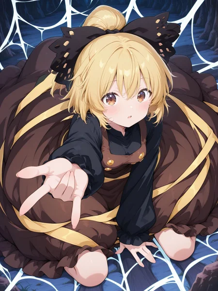 absurdres, highres, masterpiece, best quality, amazing quality, official anime artwork, screencap, anime screencap, 
 <lora:Yamame-Kurodani_Illustrious:1> kurodani yamame, 1girl, solo, brown eyes, blonde hair, long hair, ponytail, small breasts,, hair bow, black bow, brown dress, black sleeves, long sleeves, puffy dress,
open mouth, silk, cave, night, from above,