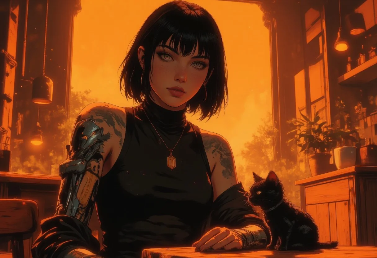 young woman with short, sleek black hair and bangs sits thoughtfully in front of a warm, glowing background of a sunlit room. Her attire is a mix of casual and futuristic, featuring a black top with cut-out shoulders and a black jacket, while her mechanical prosthetic arm hints at a cybernetic or sci-fi setting.
a small kitten is sitting Next to it on the table
She wears a gold pendant, . The room's warm orange tones from the sunlight, a visible plant, and furniture create a cozy yet futuristic atmosphere