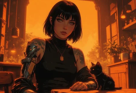 young woman with short, sleek black hair and bangs sits thoughtfully in front of a warm, glowing background of a sunlit room. Her attire is a mix of casual and futuristic, featuring a black top with cut-out shoulders and a black jacket, while her mechanical prosthetic arm hints at a cybernetic or sci-fi setting.
a small kitten is sitting Next to it on the table
She wears a gold pendant, . The room's warm orange tones from the sunlight, a visible plant, and furniture create a cozy yet futuristic atmosphere