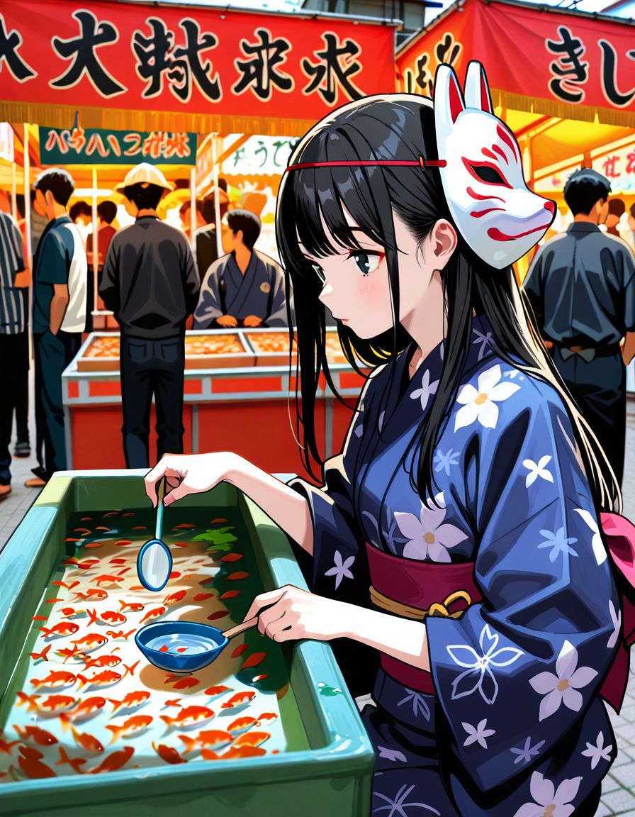 score_7_up, anime BREAK official art, solo, 1girl, 
Black hair, (chest length hair:1.2), Straight Hair, bangs, one tucked behind ear, black eyes, feature large highlight, feature double highlights, shaped eyeblow, 
<lora:natsumatsuri:0.8>, natsumatsuri, 
multiple girls, multiple boys, mask on head, obi, food, fox mask, sash, floral print, food stand, holding, game stall, stalls, goldfish scooping, paper scoper, poi, water, yukata, 
photo background, real world location,
(masterpiece:1.3), best quality, high resolution, unity 8k wallpaper, extremely detailed CG, 8K, (watercolor \(medium\), muted color, sketch:1.1), perfect anatomy, highly finished, masterpiece, best quality, high quality, amazing quality, great quality, very aesthetic, ultra detailed, highres, absurdres, highly detailed, highly detailed background,