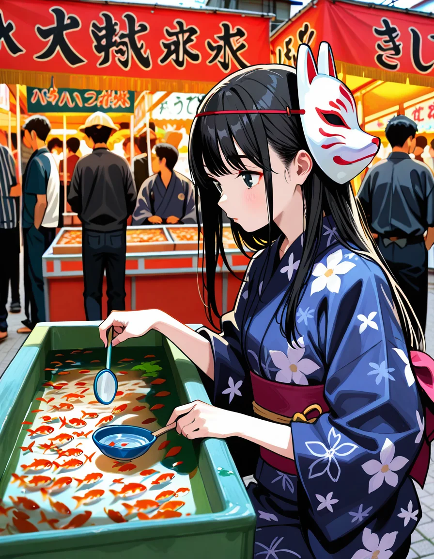 score_7_up, anime BREAK official art, solo, 1girl,
Black hair, (chest length hair:1.2), Straight Hair, bangs, one tucked behind ear, black eyes, feature large highlight, feature double highlights, shaped eyeblow,
<lora:natsumatsuri:0.8>, natsumatsuri,
multiple girls, multiple boys, mask on head, obi, food, fox mask, sash, floral print, food stand, holding, game stall, stalls, goldfish scooping, paper scoper, poi, water, yukata,
photo background, real world location,
(masterpiece:1.3), best quality, high resolution, unity 8k wallpaper, extremely detailed CG, 8K, (watercolor \(medium\), muted color, sketch:1.1), perfect anatomy, highly finished, masterpiece, best quality, high quality, amazing quality, great quality, very aesthetic, ultra detailed, highres, absurdres, highly detailed, highly detailed background,