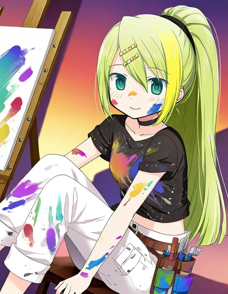 masterpiece, best quality, newest, absurdres, highres, safe, 1girl, alina gray \(atelier clothes\), magia record: mahou shoujo madoka magica gaiden, white cargo pants, tool belt, ponytail, paint on body, paint on face, solo, smile, closed mouth, art room, easel, dusk, dutch angle, <lora:alina_gray_noobaiXLNAIXL_vPred10Version:0.7>
