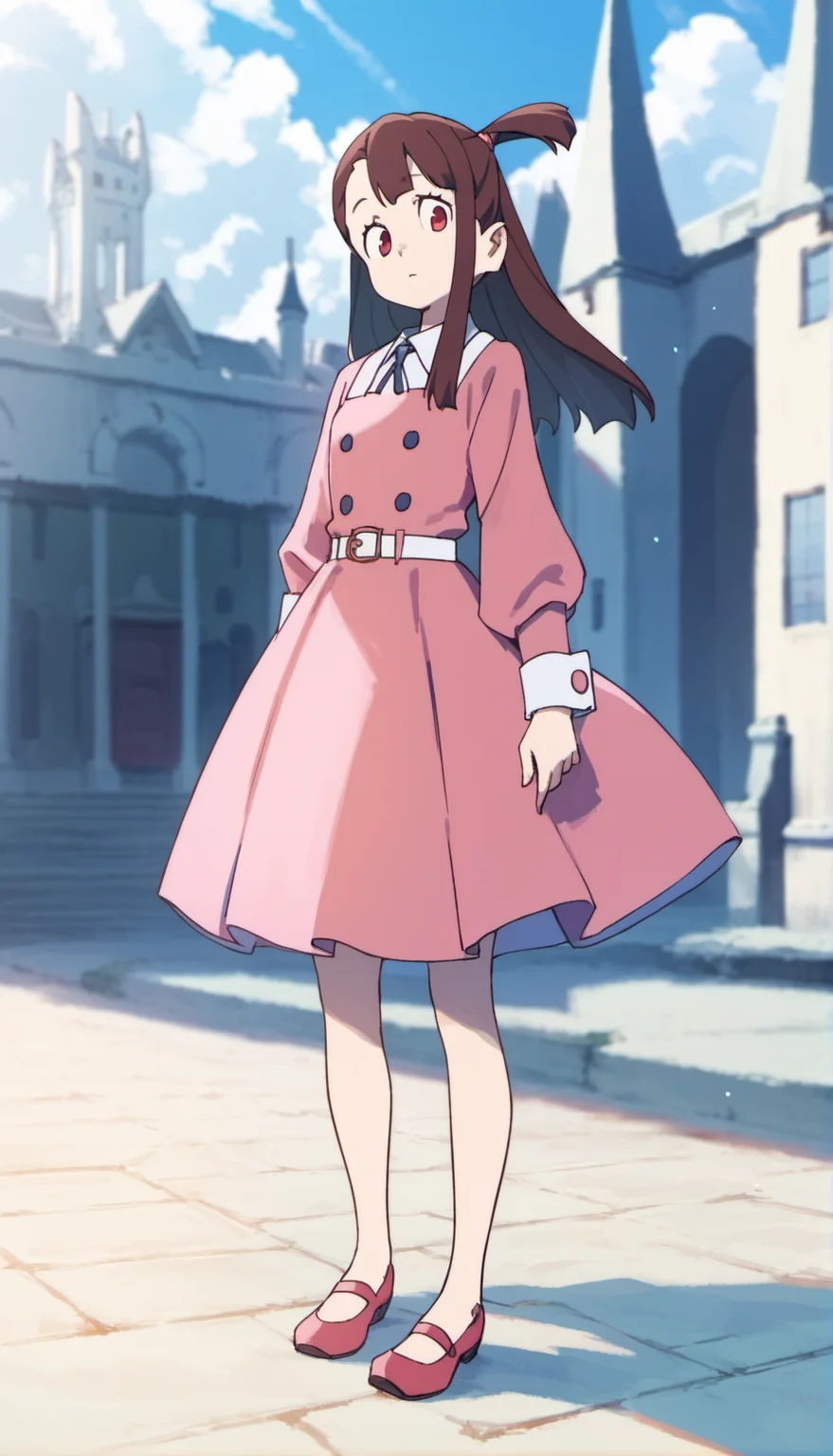 score_9,score_8_up,score_7_up,
<lora:AtsukoKagari:0.9>,akkokagari,
1girl,solo,brown hair,long hair,bangs,short ponytail,hair tie,red eyes,looking at viewer,
pink dress,white belt,pink shoes,full body,standing,
blurry background,outdoors,bloom,light particles,lens flare,cloud,magic academy,castle,courtyard,