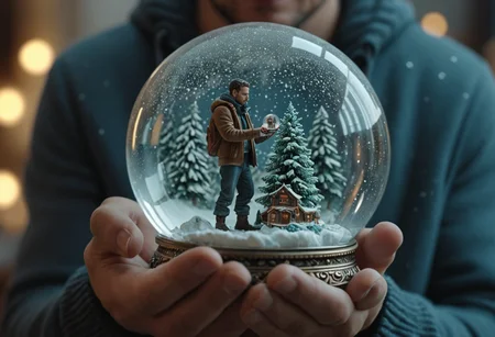 better details, a man holding a snowglobe that contains a man holding a snowglobe, hyper detailed, super intricate, 8k UHD