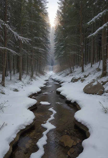 film photography, Exaggerated realistic, ultra detailed, score_9, score_8_up, score_7_up, digital Forest, scenery, outdoors, tree,sky, (clouds:0.3), nature, forest, creek, moss-covered rocks, sunlight streaming through leaves, winter, snow, snowy.matrix, matrix codes,codeandigital,digital world, digital, science fiction,