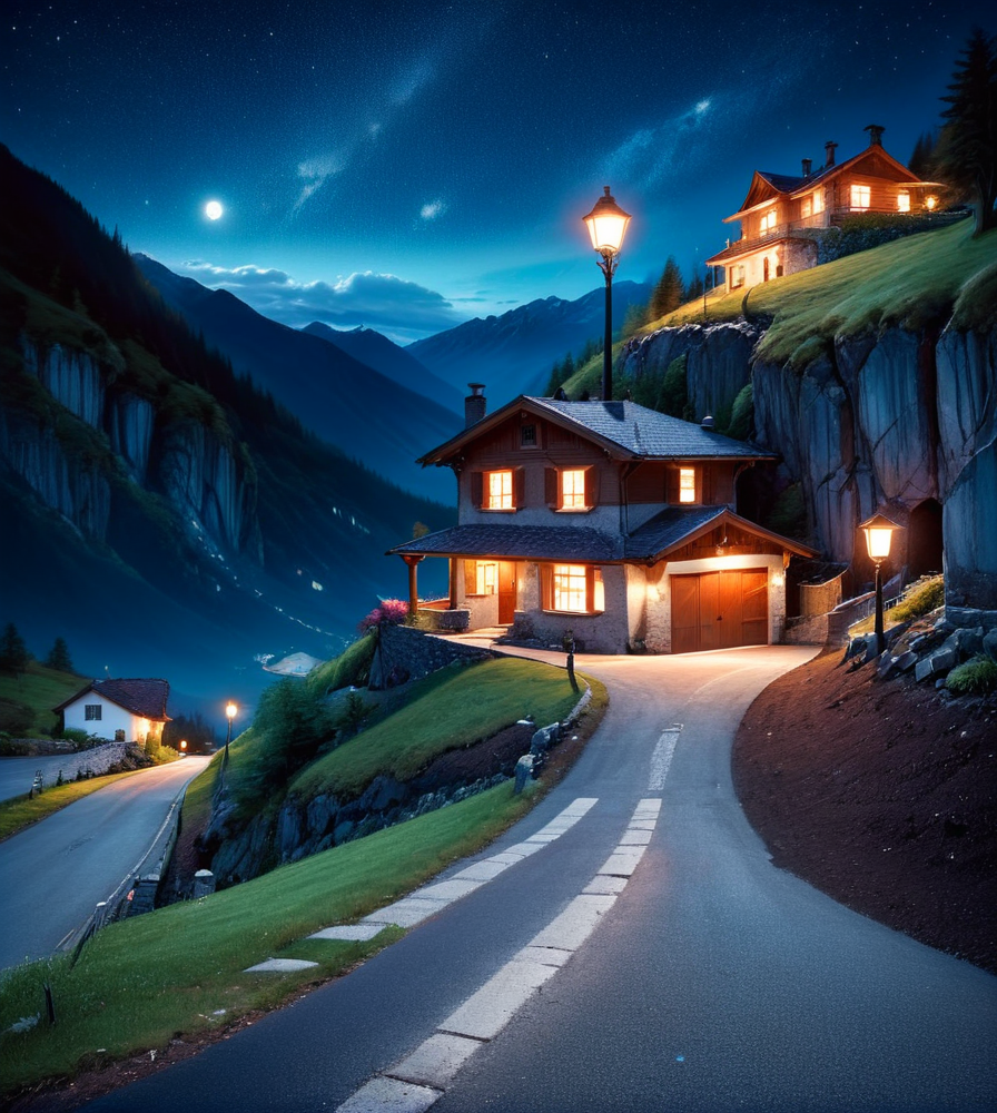 masterpiece,high resolution,detailed,
<lora:earth_xl:0.8>
earthmode, , no humans, scenery, outdoors, sky, lamppost, night, road, building, night sky, house in the mountain