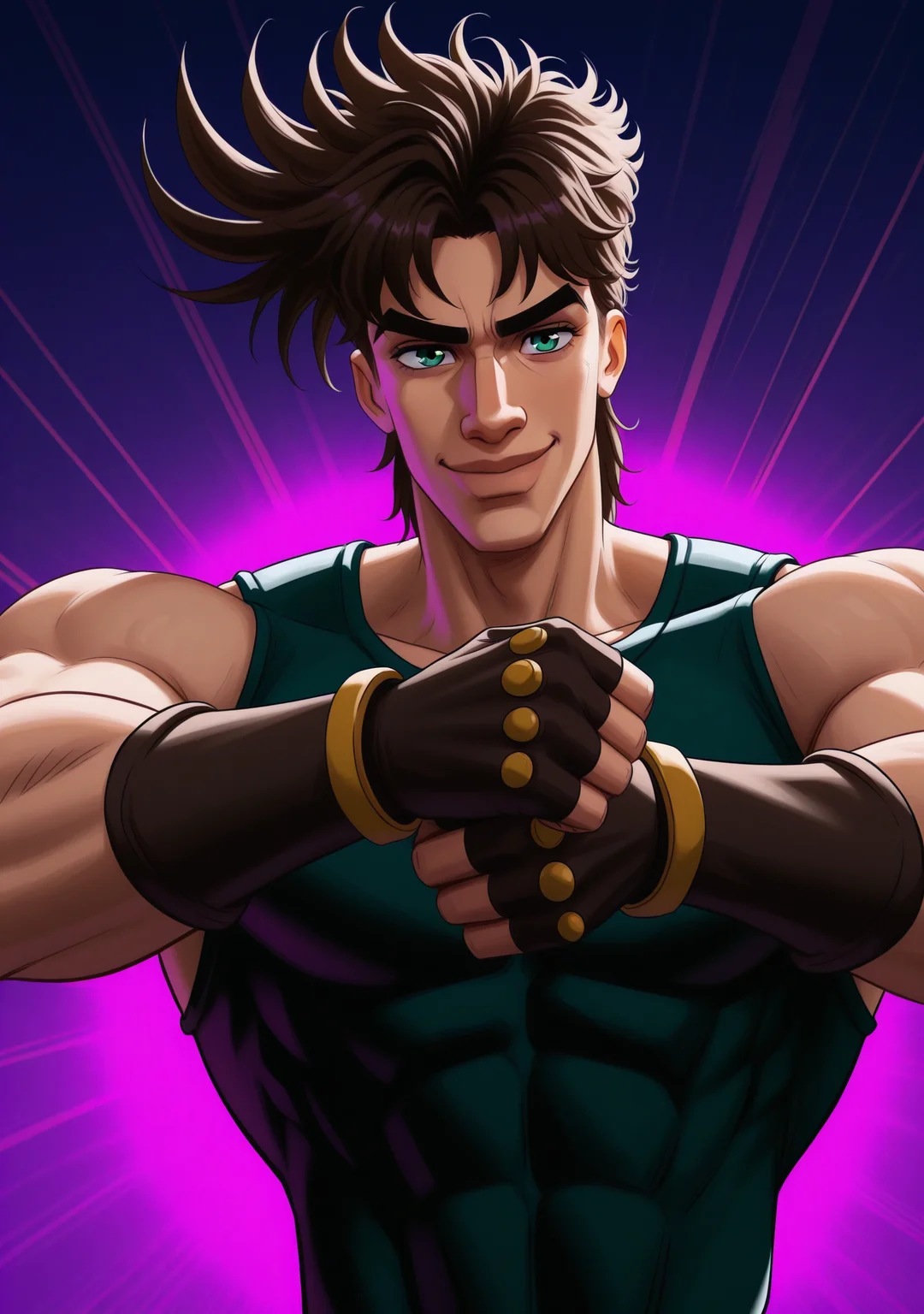 1boy,<lora:spdmatsvsty:1>,spdmatsvsty,upper body,looking at viewer,jojo pose,joseph joestar,smile,