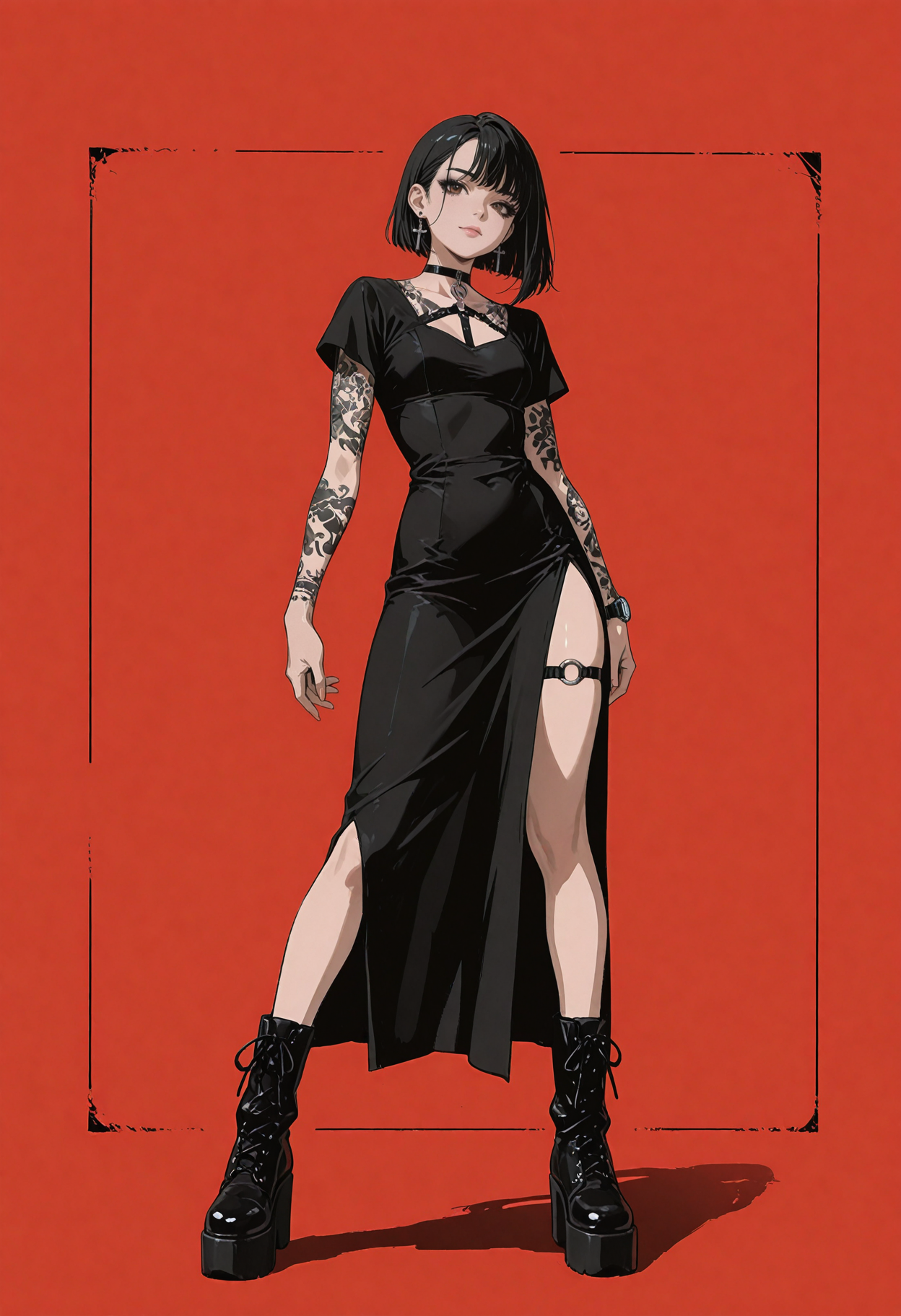 masterpiece, best quality, amazing quality, very aesthetic, absurdres,  newest, scenery, anime coloring,
1girl, solo, black hair, side swept hair, undercut, brown eyes, detailed eyes, thick eyelashes, black eyeshadow, eyeshadow under eye, pink lips, puffy lips, closed mouth, hair behind ear, single earring, cross earring, black choker, o-ring choker, sleeve tattoo, arm tattoo, forearm tattoo, black dress, side slit, bare thigh, short sleeves, long dress, monotone outfit, alternative fashion, platform boots, black boots, watch, cyberpunk accessory, full body, standing, dynamic pose, slight smile, facing viewer, looking at viewer, centered composition, solid background, minimalist background, red background
