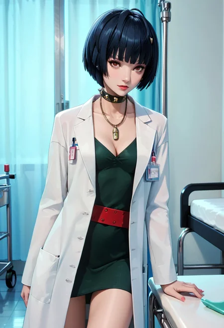 score_9, score_8_up, score_7_up, source_anime, 4n1v3rs3, (masterpiece, Highest quality:1.4), (beautiful, perfection, delicate, Complex:1.2), (cute, Fascinating), (Depth of written border:1.2), Realistic Face:1.2,
1 girl, 30 years old,
p5tae, tae takemi, short hair, bob cut, bangs, labcoat, necklace, choker, studded collar, short dress, dark green dress, cleavage, red belt, gladiator sandals, platform footwear,
Hospital, examination room, examination table, standing, view from front. cowboy shot,