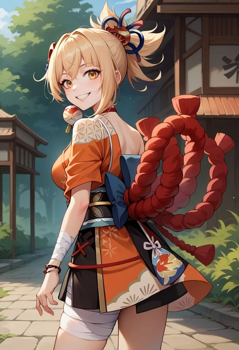 score_9, score_8_up, score_7_up, source_anime, 1girl, yoimiyadef, yellow eyes, blonde hair, ponytail, hair ornament, red choker, medium breasts, arm tattoo, bandaged arm, cleavage, chest sarashi, bandages, hadanugi dousa, shimenawa, rope, orange kimono, japanese clothes, obi, sash, pouch, single fingerless glove, black gloves, bandaged leg, single thighhigh, black thighhighs, asymmetrical legwear, black socks, geta, standing, smile, grin, looking at viewer, outdoors, portrait, close-up, upper body, from behind, looking back, back, <lora:Yoimiya_v1-000010:1>