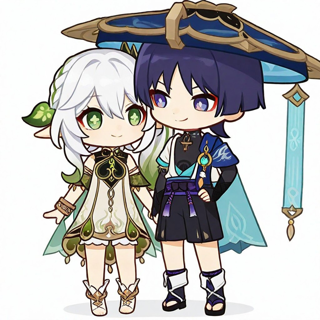 masterpiece, very awa,simple background,white background,chibi,cute,adorable,duo,2 people,1 boy, 1 girl, interacting 
BREAK
scaramou, 1boy, indigo hair, short hair, bangs, purple eyes, red eyeshadow,, japanese clothes, hat, blue headwear, jingasa, kurokote, mandarin collar, shirt, black shirt, sleeveless, vest, blue vest, open vest, cape, blue cape, elbow gloves, black gloves, fingerless gloves, kote, belt, purple belt, tassel, shorts, black shorts, gaiters, white gaiters, sandals, vision (genshin impact),frown
BREAK
Nahida_(Genshin_Impact),green_eyes, white_hair, gradient_hair, long_hair, cross-shaped_pupils, side_ponytail, flat_chest, pointy_ears,green_eyes, white_hair, gradient_hair, long_hair, cross-shaped_pupils, side_ponytail, flat_chest, pointy_ears, hair_leaf, hair_ornament, two-tone_dress, detached_sleeves, sleeveless, green_cape, white_bloomers, bracelet,smile