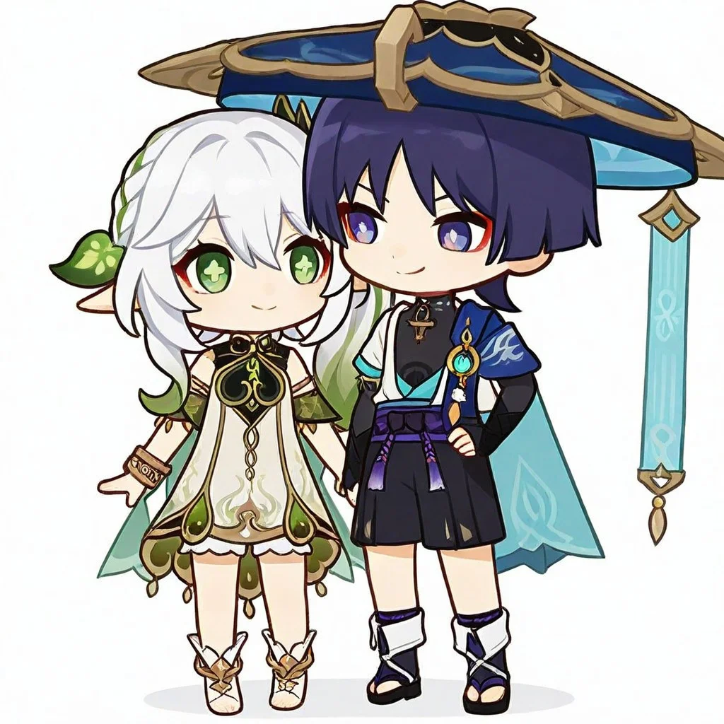 masterpiece, very awa,simple background,white background,chibi,cute,adorable,duo,2 people,1 boy, 1 girl, interacting
BREAK
scaramou, 1boy, indigo hair, short hair, bangs, purple eyes, red eyeshadow,, japanese clothes, hat, blue headwear, jingasa, kurokote, mandarin collar, shirt, black shirt, sleeveless, vest, blue vest, open vest, cape, blue cape, elbow gloves, black gloves, fingerless gloves, kote, belt, purple belt, tassel, shorts, black shorts, gaiters, white gaiters, sandals, vision (genshin impact),frown
BREAK
Nahida_(Genshin_Impact),green_eyes, white_hair, gradient_hair, long_hair, cross-shaped_pupils, side_ponytail, flat_chest, pointy_ears,green_eyes, white_hair, gradient_hair, long_hair, cross-shaped_pupils, side_ponytail, flat_chest, pointy_ears, hair_leaf, hair_ornament, two-tone_dress, detached_sleeves, sleeveless, green_cape, white_bloomers, bracelet,smile