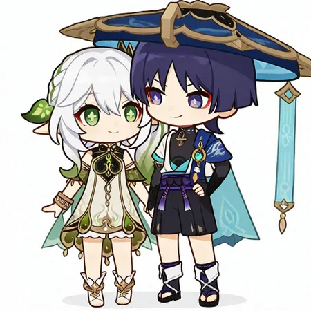 masterpiece, very awa,simple background,white background,chibi,cute,adorable,duo,2 people,1 boy, 1 girl, interacting
BREAK
scaramou, 1boy, indigo hair, short hair, bangs, purple eyes, red eyeshadow,, japanese clothes, hat, blue headwear, jingasa, kurokote, mandarin collar, shirt, black shirt, sleeveless, vest, blue vest, open vest, cape, blue cape, elbow gloves, black gloves, fingerless gloves, kote, belt, purple belt, tassel, shorts, black shorts, gaiters, white gaiters, sandals, vision (genshin impact),frown
BREAK
Nahida_(Genshin_Impact),green_eyes, white_hair, gradient_hair, long_hair, cross-shaped_pupils, side_ponytail, flat_chest, pointy_ears,green_eyes, white_hair, gradient_hair, long_hair, cross-shaped_pupils, side_ponytail, flat_chest, pointy_ears, hair_leaf, hair_ornament, two-tone_dress, detached_sleeves, sleeveless, green_cape, white_bloomers, bracelet,smile