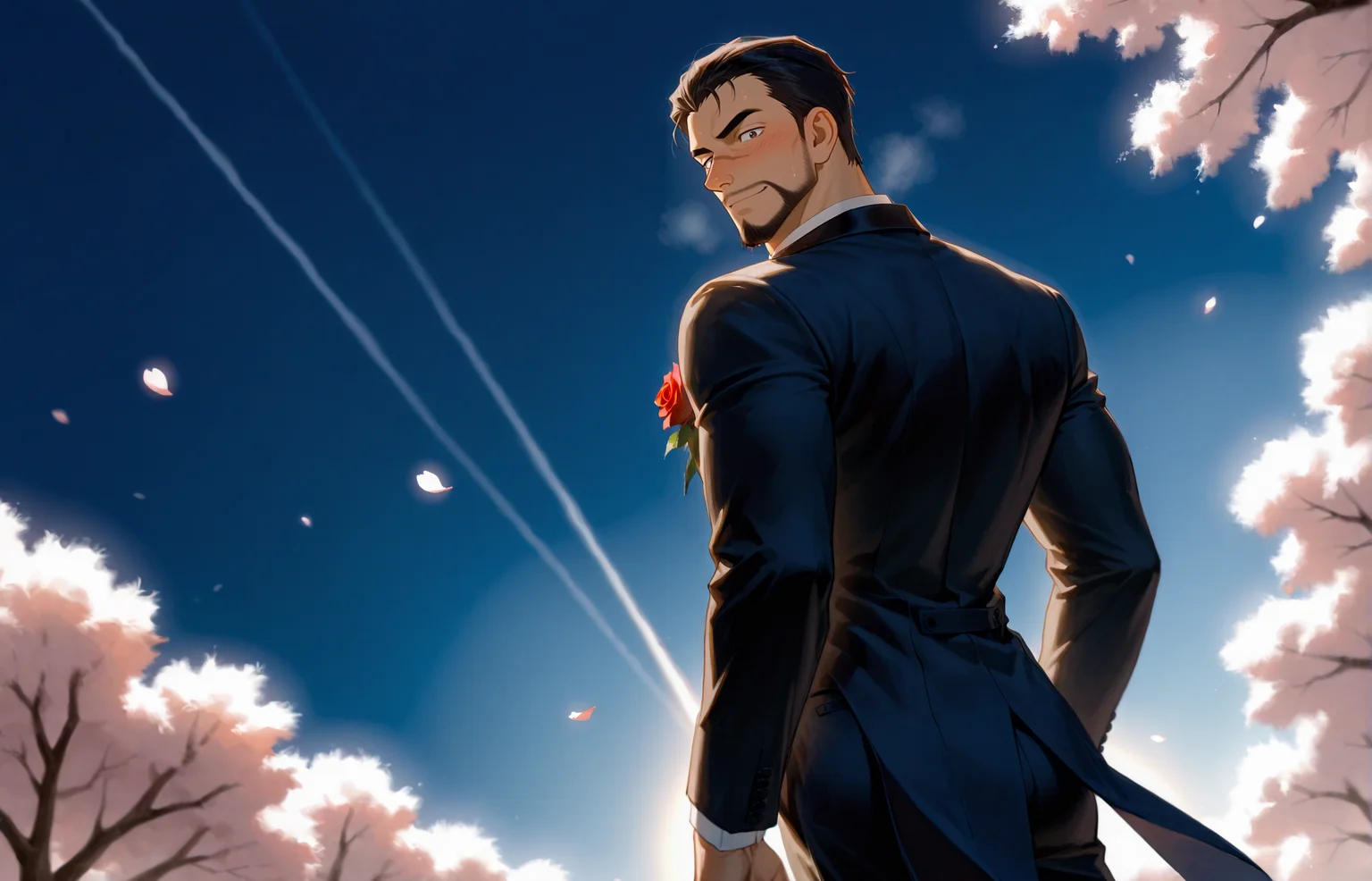 "A handsome anime-style groom in a white wedding tuxedo with a rose boutonniere, standing in a romantic outdoor garden with soft lighting, cherry blossoms falling, and a bright blue sky. He has neatly styled hair, a gentle smile, and elegant posture. Background is dreamy, cinematic, and slightly blurred for depth, ((from back, from below, dutch angle, cowboy shot))<lora:Red_Siamese_Cats_leader__Detective_Conan:.7>, Red Siamese Cats leader, A serious anime-style male He has short dark hair slicked back, a trimmed beard, The setting is a dramatic, cinematic moment with strong lighting and a tense atmosphere, cowboy shot,
(,looking at the viewer, steam, sexy)
(very short hair, beard, bara, mature, facial hair, stubble, beard, full beard, sideburn, beard, a lot of beard, ), facial hair,male focus, muscular male, muscular male, bara, mature, bara, mature, aixiwuganda_(20222192), very awa, masterpiece, best quality, absurdres, newest, perfect quality, detailed background, intricate details,
<lora:slider_Body Type_alpha1.0_rank4_noxattn_last:3><lora:Anime Summer Days 2 Style SDXL_LoRA_Pony Diffusion V6 XL:.6><lora:slider_cfg_scale_boost:.7><lora:Artist6p:.55>, Artist6p, Artist04p,<lora:slider_il_brightness_slider_d1:-1><lora:slider_il_contrast_slider_d1:-1><lora:slider_DarkSlider1.2_alpha1.0_rank16_full_300steps:-.6>