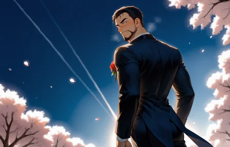 "A handsome anime-style groom in a white wedding tuxedo with a rose boutonniere, standing in a romantic outdoor garden with soft lighting, cherry blossoms falling, and a bright blue sky. He has neatly styled hair, a gentle smile, and elegant posture. Background is dreamy, cinematic, and slightly blurred for depth, ((from back, from below, dutch angle, cowboy shot))<lora:Red_Siamese_Cats_leader__Detective_Conan:.7>, Red Siamese Cats leader, A serious anime-style male  He has short dark hair slicked back, a trimmed beard, The setting is a dramatic, cinematic moment with strong lighting and a tense atmosphere, cowboy shot, 
(,looking at the viewer, steam, sexy)
(very short hair, beard, bara, mature, facial hair, stubble, beard, full beard, sideburn, beard, a lot of beard, ), facial hair,male focus, muscular male, muscular male, bara, mature,  bara, mature, aixiwuganda_(20222192), very awa, masterpiece, best quality, absurdres, newest, perfect quality, detailed background, intricate details,
<lora:slider_Body Type_alpha1.0_rank4_noxattn_last:3><lora:Anime Summer Days 2 Style SDXL_LoRA_Pony Diffusion V6 XL:.6><lora:slider_cfg_scale_boost:.7><lora:Artist6p:.55>, Artist6p, Artist04p,<lora:slider_il_brightness_slider_d1:-1><lora:slider_il_contrast_slider_d1:-1><lora:slider_DarkSlider1.2_alpha1.0_rank16_full_300steps:-.6>