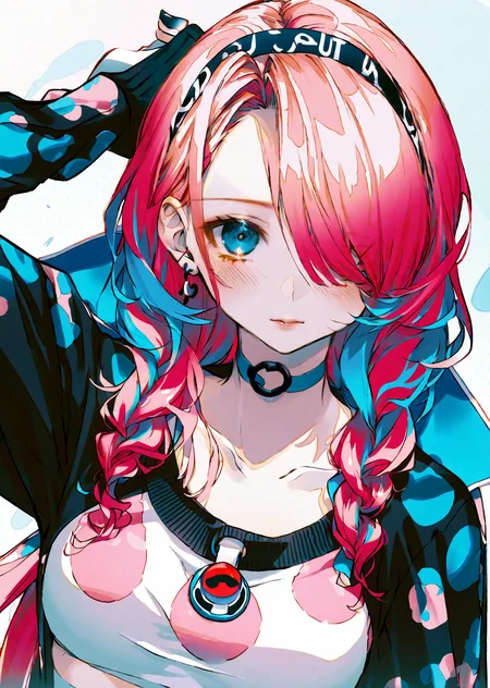 by wanke
blue poison \(arknights\), blue poison \(shoal beat\) \(arknights\), 1girl, solo, blue eyes, pink hair, choker, portrait, white background, pink choker, hairband, earrings, jewelry, looking at viewer, simple background, long hair, official alternate costume, hair over one eye, braid, bangs, o-ring choker
masterpiece, best quality, high quality, highres, absurdres, very detailed, high resolution, sharp, sharp image, 8k, vivid, colorful, stunning, anime