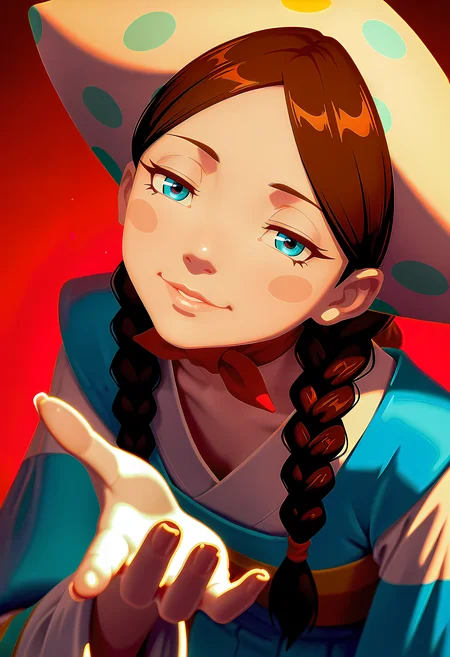 anime artwork cinematic film still concept art masterpiece, best quality, amazing quality, intricate detail, highly detailed, absurdres,
lubava, 1girl, braid, brown hair, solo,  blush stickers, blue eyes, twin braids, mature, sexy, breast,hat, polka dot,
absurdres. highres. masterpiece. newest:1.1). ultra-detailed illustration artwork. (solipsist:1.2), (painterly, painting \(medium\):1.2). (bleach artwork:0.6), neo-samurai theme, tokio theme. smug. leaning forward. dynamic pose. dutch angle. kuchiki rukia, 1girl solo. portrait facing viewer. straight-on. reaching towards viewer.  sharp fingernails. looking at viewer. half-closed eyes, narrowed eyes.  parted lips, lips. nose.  red background, simple background. yandere. d horror \(theme\). very aesthetic. beautiful and intricate . anime style, vibrant, studio anime, highly detailed
<lora:illustrious_noobai_epsilon_pred_1_best_quality_v1:1> masterpiece, best quality, very aesthetic, absurdres <lora:noobai_vpred_1_masterpieces_v23:1> masterpiece, best quality, very aesthetic <lora:lubava-20:1>  . digital artwork, illustrative, painterly, matte painting, highly detailed . shallow depth of field, vignette, highly detailed, high budget Hollywood movie, bokeh, cinemascope, moody, epic, gorgeous, film grain, grainy . anime style, vibrant, studio anime, highly detailed