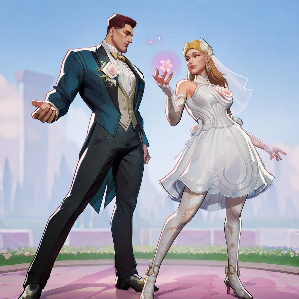 masterpiece, best quality, newest, absurdres, highres, MarvelRivals, semi realistic, cartoon, duo, duo focus, husband and wife, couple, looking at another, 1boy, ReedRichards-Lifefantasticskin-V1.0, suit, formal clothes, bowtie, brown hair, brown eyes, flower, shrt hair, pants, yellow bowtie, 1girl, SueStorm-Lifefantasticskin-V1.0,
wedding dress, wedding veil, veil, white dress, short dress, blonde, bare shoulders, blue eyes, flower, jewelry, long hair, earrings, long hair, high heels,
Duo, Duo focus, dynamic duo, dynamic pose, pose,