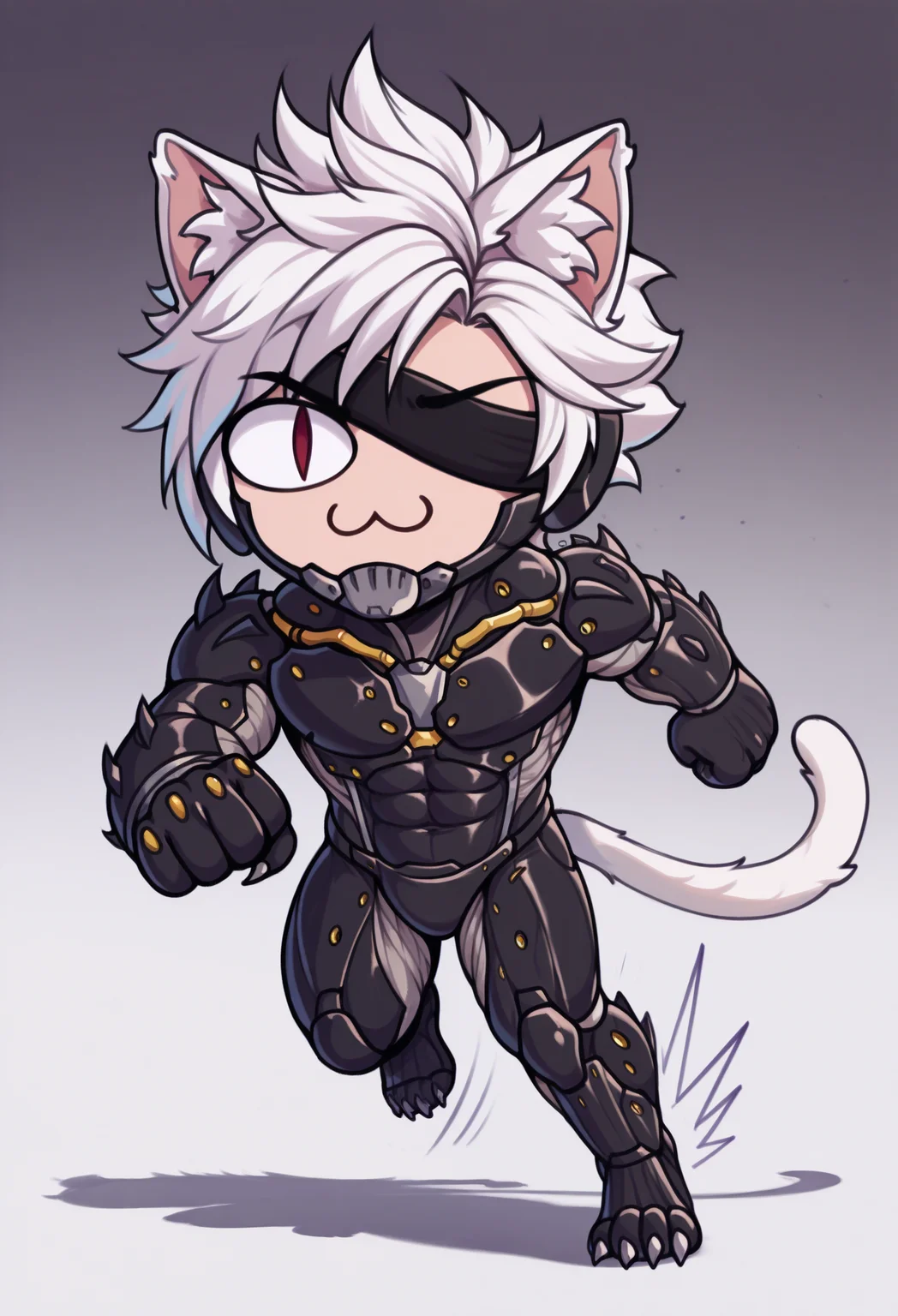 1boy, solo, dashing, gradient background,
masterpiece, best quality, <lora:necoarccon-guy90-Illust-LycorisV1:1>, noccen, animal ears, :3, chibi, animal ear fluff, cat tail, slit pupils, <lora:RaidenMGRR_illusXLNoobAI_Incrs_v1:1> RaidenMGRDef, male focus, muscular male, white hair, spiked hair, short hair, cyborg, mechanical chin, bodysuit, eyepatch, one eye covered