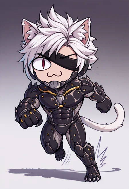 1boy, solo, dashing, gradient background,
masterpiece, best quality, <lora:necoarccon-guy90-Illust-LycorisV1:1>, noccen, animal ears, :3, chibi, animal ear fluff, cat tail, slit pupils, <lora:RaidenMGRR_illusXLNoobAI_Incrs_v1:1> RaidenMGRDef, male focus, muscular male, white hair, spiked hair, short hair, cyborg, mechanical chin, bodysuit, eyepatch, one eye covered