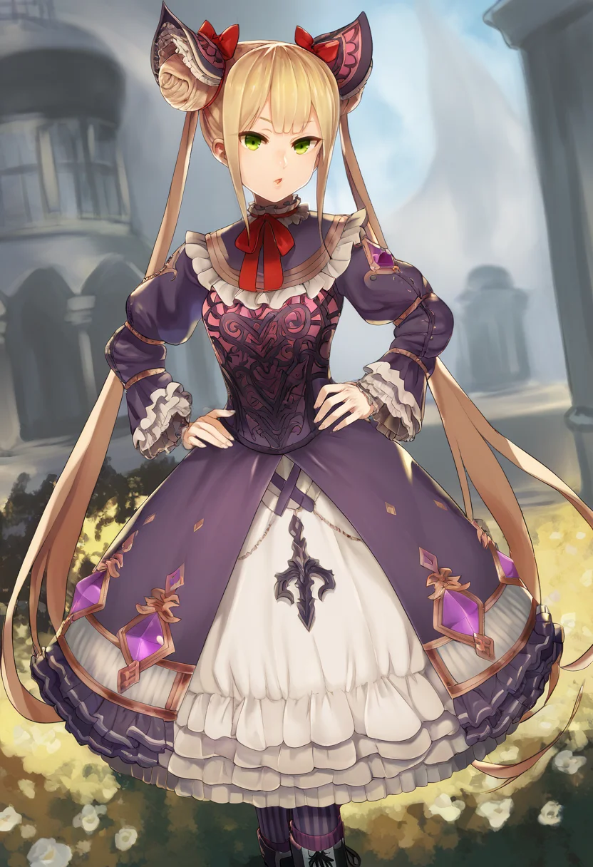 asanagi, (score_9, score_8_up, score_7_up, :1.2) detailed, highres, absurdres, a girl standing outdoors in a pose, 1girl, solo, standing, looking at viewer, pose, hand on hip, contrapposto ,
dress, green eyes, long hair, double bun, hair bun, twintails, looking at viewer, frills, bangs, long sleeves, blonde hair, frilled dress, frilled sleeves, hair ornament, puffy sleeves, purple dress, bow, juliet sleeves, blunt bangs, lace-up boots, red bow, ribbon, layered dress, sidelocks, long dress, wide sleeves, red ribbon, hair bow, hair ribbon, vertical-striped pantyhose, fine fabric emphasis,
hands, rating_safe <lora:sdxl_asanagi_v1:0.4> <lora:LunaPonyTest:1>