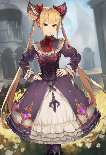 asanagi, (score_9, score_8_up, score_7_up, :1.2) detailed, highres, absurdres, a girl standing outdoors in a pose, 1girl, solo, standing, looking at viewer, pose, hand on hip, contrapposto ,
dress, green eyes, long hair, double bun, hair bun, twintails, looking at viewer, frills, bangs, long sleeves, blonde hair, frilled dress, frilled sleeves, hair ornament, puffy sleeves, purple dress, bow, juliet sleeves, blunt bangs, lace-up boots, red bow, ribbon, layered dress, sidelocks, long dress, wide sleeves, red ribbon, hair bow, hair ribbon, vertical-striped pantyhose, fine fabric emphasis,
hands, rating_safe <lora:sdxl_asanagi_v1:0.4> <lora:LunaPonyTest:1>