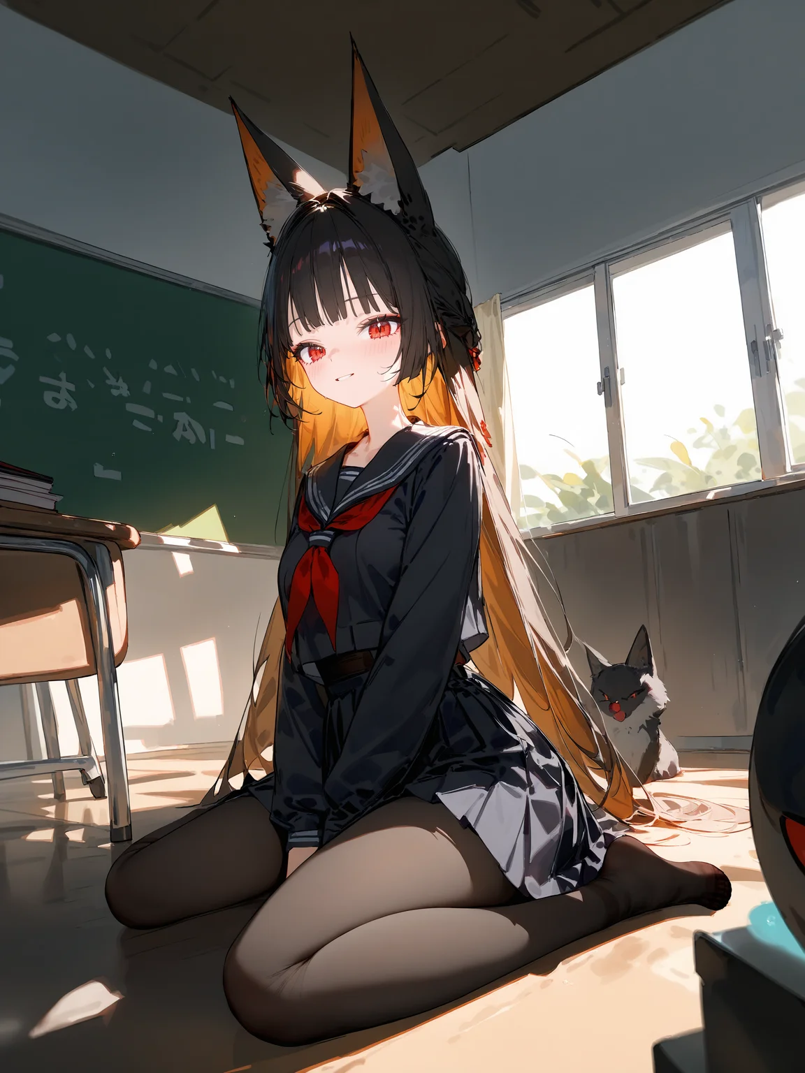 illustration, incredibly absurdres, ultra detailed, masterpiece, best quality, perfect features, intricate details, ray tracing, very aesthetic, shuri \(84k\), ATDAN, artist:chen bin, (ningen mame:0.95), (wlop:0.91), (sarcophage:1.05), (tsubasa tsubasa:1.05), modare, hiten \(hitenkei\), [<lora:XL-detailed_notrigger:0.95>::0.5], [:<lora:XL-aesthetic_anime:1.2>:0.5], <lora:Char-ZZZ-Hoshimi_Miyabi-V1-SDXL:1>,  1girl, hoshimi miyabi, solo, serafuku, sailor collar, pleated skirt,  pantyhose, no shoes, looking at viewer, light smile, full body, sitting, wariza, classroom, indoors, depth of field