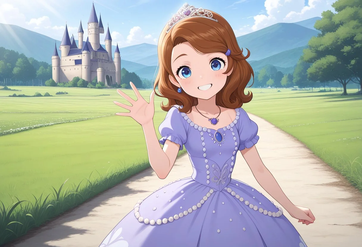 masterpiece, best quality, break, sofia_tf, brown hair, blue eyes, tiara, dress, necklace, waving, looking at viewer, outdoors, natural lighting, castle