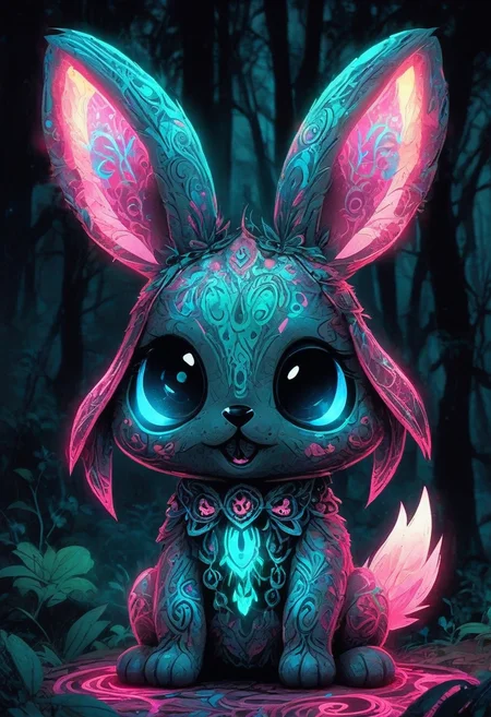 CreepyCuteMagical, A skeletal bunny with soft, fluffy fur glowing in neon blues and pinks. Its large eyes shimmer like gemstones, and it hops through a misty forest, leaving glowing paw prints behind.
