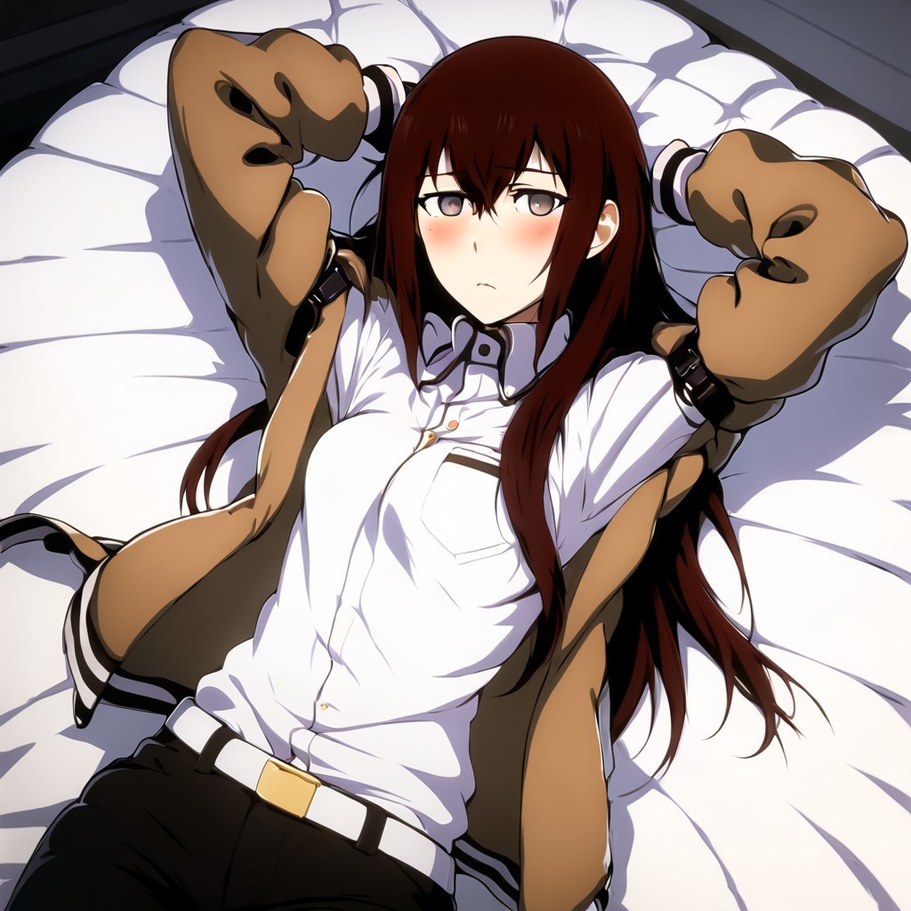 a hot and sexy image of makise kurisu lying on back with her jacket removed, armpits, lying on back, looking at viewer, arm up, blush, white inners, red hair, anime style, medium boobs