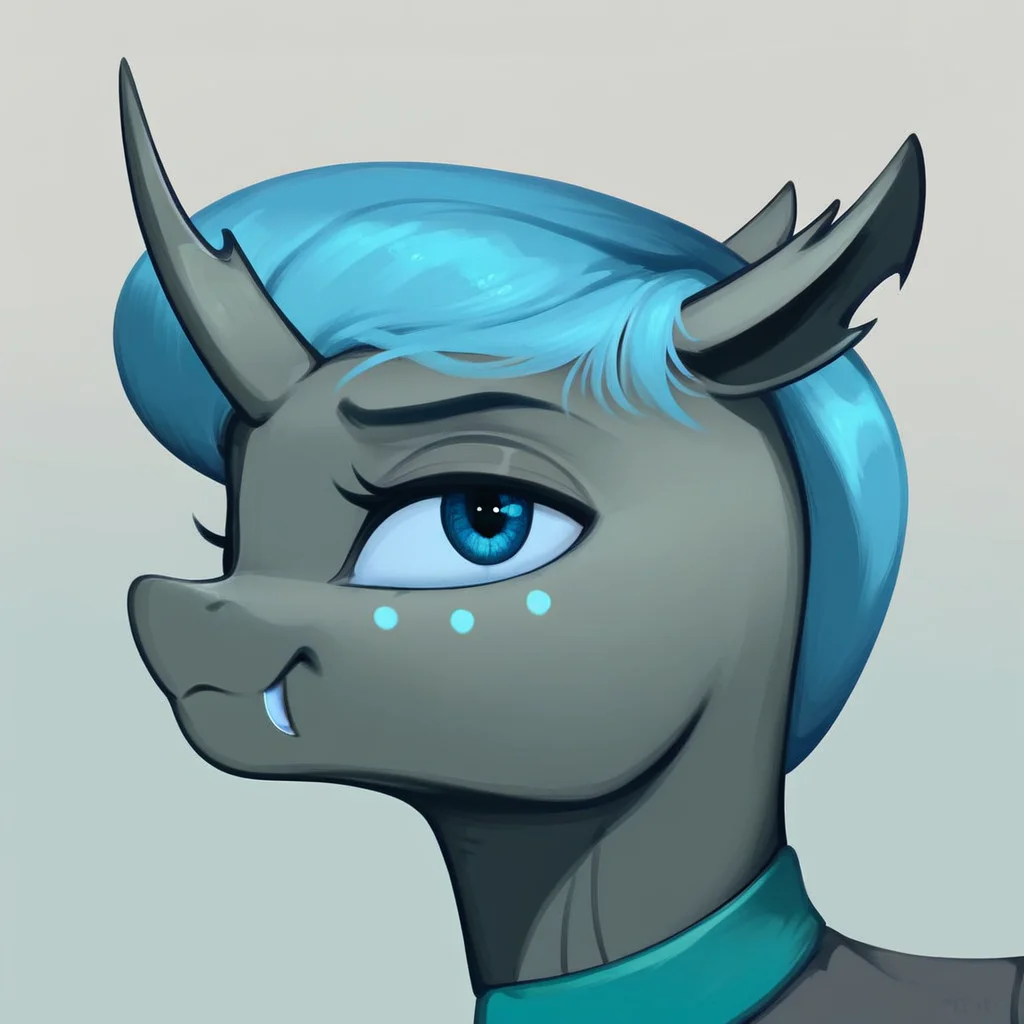 masterpiece, score_9_up, score_8_up, score_7_up, score_6_up, (best quality:1.1), ultra-detailed, high resolution, solo, Carolina Phymata, changeling oc, female, mlp, feral, gray skin, short blue mane, blue eyes, eyebrows, blue freckles, ears, closed mouth, smile, fang, upper body, portrait, simple background, detailed facial features, expressiveh, simple background, highly visible, sharp focus, anatomically correct