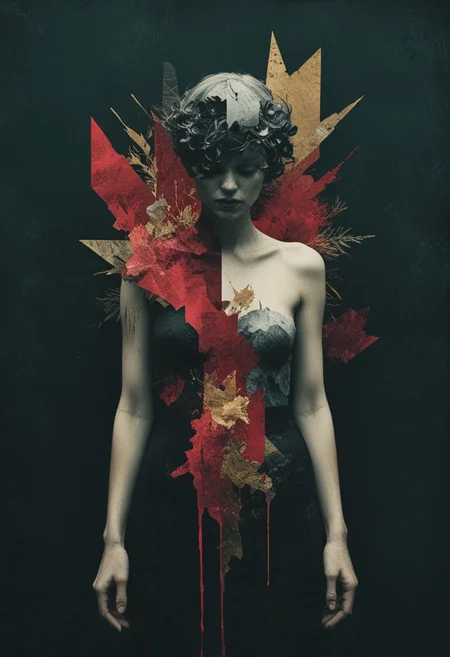 analog film photo of collage, mixed media, art by Januz Miralles, [ centered composition, a paint smudge on a simple background : Stripcore aesthetic, portrait of Witchcore aesthetics, portrait of a man : 4], abstract geometric gradients. (nvcmsdx, grainy texture). <lora:100_nvcmsdx_1:0.8>
rich gold and red colors, stunning background. dark and moody, a mesmerizing blend of light and shadow. masterpiece, absurdres, intricate details, film grain, dynamic range, faded film, desaturated, 35mm photo, grainy, vignette, detailxl, nvcmsdx, vintage, Kodachrome, Lomography, stained, highly detailed, found footage