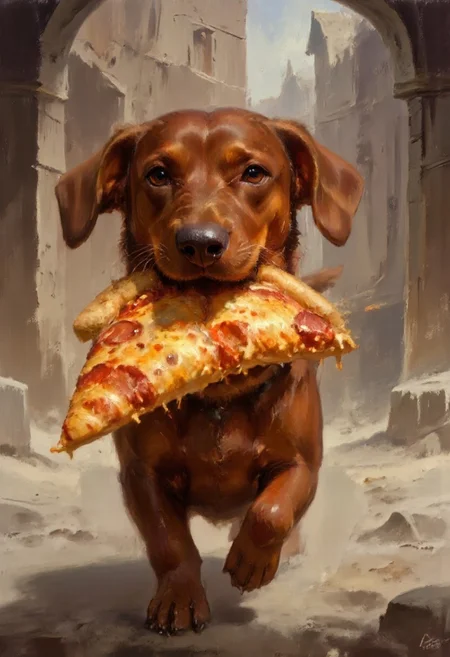 Dark-Fantasy-Cardd-V.2.0 style dark fantasy oil painting with detailed eyes that features dachshund running away with a big slice of pizza in his mouth