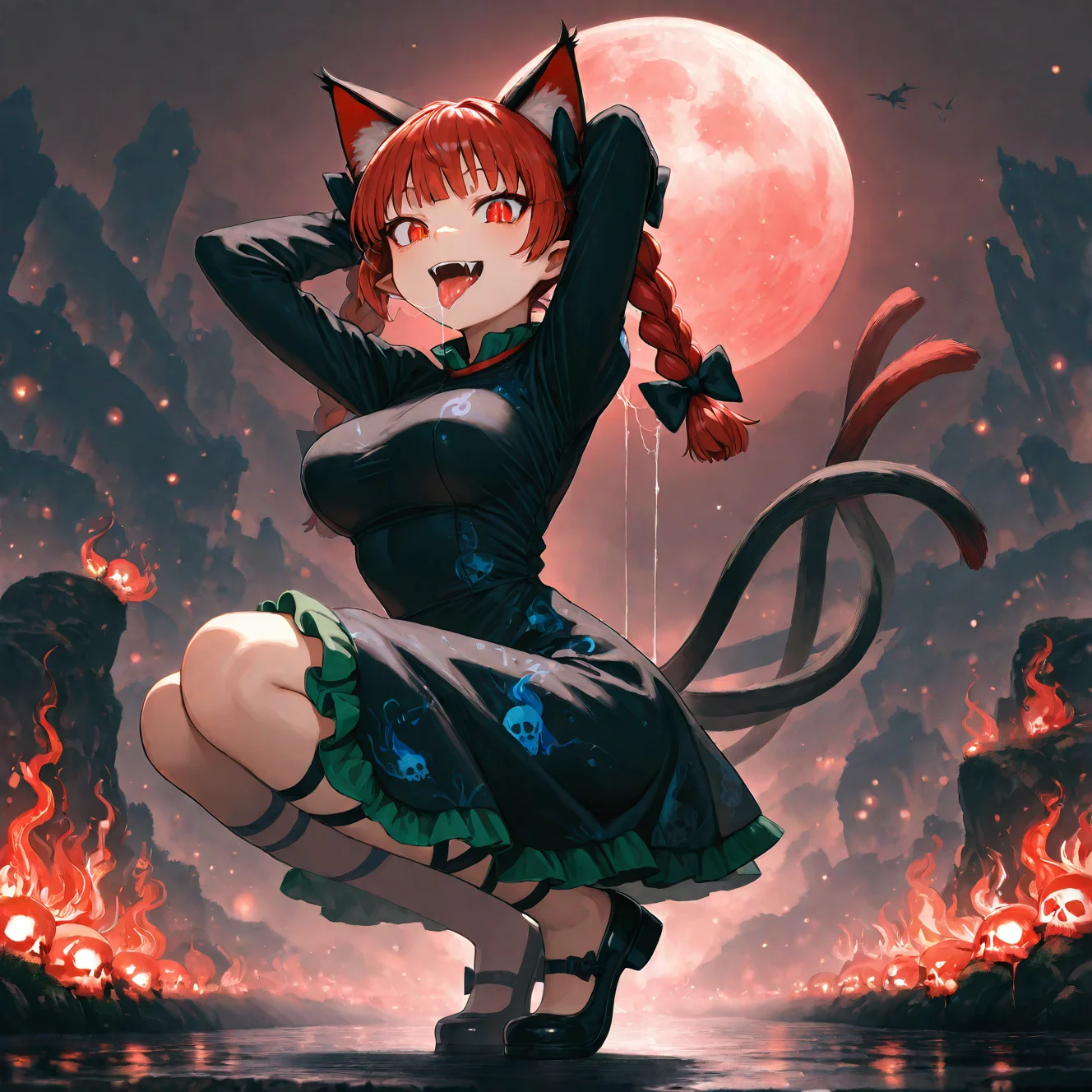 munakata_(sekimizu_kazuki), hamada_yoshikazu,negative space, cinematic shot, masterpiece, highres, absurdres, newest,  wide shot, ,slimes_skullwm,made of skulls,kaenbyou_rin, touhou, 1girl, pink_hair, red_eyes, solo,animal_ears ,black_bow, black_dress , braid,breasts, cat_ears , dress,extra_ears, fang ,frilled_dress ,frills, hair_bow ,large_breasts ,long_eyelashes  ,long_sleeves ,looking_at_viewer ,multiple_hair_bows, pointy_ears ,red_bow , red_hair, slit_pupils, smil,tight_clothes ,tight_dress, twin_braids ,fang, crazy_eyes ,crazy_smile ,hands behind head, arms up, squatting, tongue, tongue_out , saliva,saliva_trail ,saliva_drip ,open mouth,
<lora:SlimesSkullWM:1> <lora:ponyv5_noobE11_1_adamW:0.7> <lora:illustrious_noobai_epsilon_pred_11_very_aesthetic_v1:0.7> , <lora:kaenbyou_rin_image6792_2023-12-20:0.6>