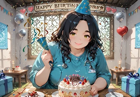 IllusP0s, PonyScores7, source_anime, ah1, IllustriousQual, interesting, exciting, spectacular, wonderful, amazing quality, absolutely eye-catching, 
BREAK <lora:xl_more_art-full_v1:0.2>, <lora:aesthetic_anime_v1s:0.2>, <lora:EpicF4nta5yXL:0.2>, <lora:detailxl:0.2>, detailxl, <lora:Fant5yP0ny:0.2>, amazing quality, best aesthetic, absurdres, illustration, Volumetric_Lighting, ultra-detailed, very aesthetic, intricate details, best_quality,  lazympos, <lora:Add_Details_v1.2:0.4>, <lora:quality_modifiers_masterpieces_v1:0.2>, <lora:ZootPonyAnime_V1_r2:0.2>, <lora:Bestifacator2:0.2>, anime style,
BREAK (((holding plate))),
BREAK Stable_Yogis_PDXL_Positives, AS-Adult, <lora:Complicated fantasy portrait - XL Pony V2.0:0.2>, bad-hands-5, <lora:HDA_Detailer:0.3>, <lora:natsumi_style:0.2>, <lora:by_usakun-pony:0.2>, by usakun, <lora:Akina_Bbw_Style_-_PonyXL:0.2>, AkinBw, ((modern Hippie fashion style, blending bohemian influences with contemporary trends, features flowing fabrics, vibrant colors, and eclectic accessories, celebrating freedom and individuality)),
BREAK 1girl, mature female, (curvy), round-chin, caucasian, <lora:ETO_OC_Illustrius:0.5>, eto_oc, skindentation, (plump), thick thighs, wide hips, busty, voluptuous, <lora:shinyskin2:0.2>, glistening skin, HDA_FatGirlXL, round ass, large breasts, <lora:plussizegirls_IL:0.3>, <lora:plussizegirls_pony:0.3>, <lora:Venus body IXLS3_alpha16.0_rank32_full_last:0.3>, <lora:perfection style:0.2>, perfection style, perfection, 
BREAK ((emergency room doctor, in scrubs with a stethoscope and a focused expression, <lora:yanami anna_makein_illustriousXL_epoch-000076:0.5>, anna-default,  <lora:party-popper-ponyxl-lora-nochekaiser:0.8>, party popper, streamers, confetti, party hat, birthday cake)),
BREAK (curly hair), long hair, (black hair:1.4), (parted hair:1.7), messy hair, kinky curls, <lora:hairdetailpxl:0.2>, hairdetailpxl,
BREAK (brown eyes), (downturned eyes:1.4), expressive eyes, <lora:perfect-eyes:0.4>, perfecteyes, EyesHD, (round face:1.2), (thick eyebrows:1.3), (plump face), lips, <lora:Round_face:0.2>, <lora:DetailedEyes_xl_bdsqlsz_V1:0.2>, <lora:Eyes_Lora_Pony_Perfect_eyes:0.2>, <lora:focusoneyes:0.2>, <lora:cinematic eye color style illustrious v1:0.2>,
BREAK (((smiling at viewer, happiness))), <lora:Expressive_H:0.2>, Expressiveh, <lora:Emotional_Anime_Expressions_PonyXL_Concept:0.2>, emotional, <lora:Best_Facial_Expression_LoRA_PONY:0.2>, looking at viewer, <lora:Detailed expressive EXEV style -XL Pony V1.0:0.2>, FaceDetail, <lora:Best_Facial_Expression_Helper_XTREME_ILLU:0.4>, kaogei,
BREAK (((<lora:TQ_-_Birthday_Backdrops_XL:0.8>, gift, gift box, candle, Charming Party Banner, Paper Triangle Flags for Birthday party, metallic balloon, confetti, happy birthday, heart balloon, birthday cake, birthday party, cake, cup, food, fork, indoors, party hat, plate, table, happy birthday))), <lora:Background Detailer - SDXL:0.2>, 4k, 8k, Ultra HD, Masterpiece, Best quality, Detailed background, <lora:Add_more_details_V2_XLpony:0.2>, full_details, <lora:background-type1:0.2>, <lora:AddMicroDetails_Illustrious:0.2>, addmicrodetails, SmoothNoob_Quality,