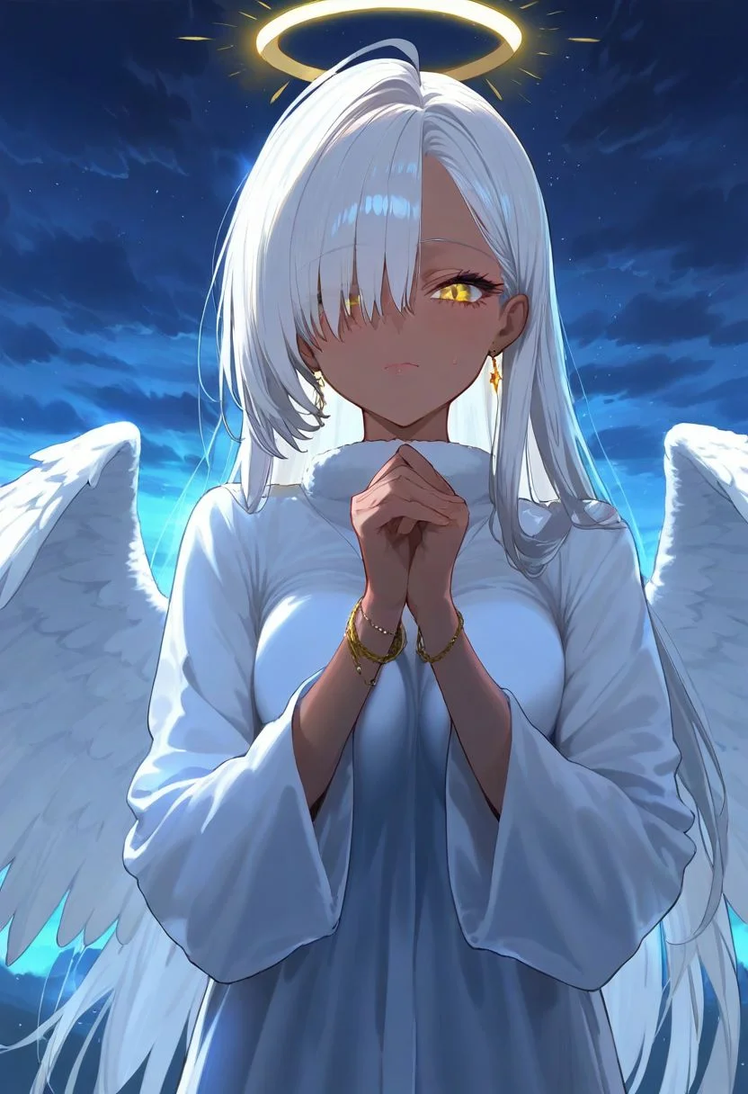 masterpiece, best quality, amazing quality, very aesthetic, absurdres,<lora:GEN(illust) 0.2v:1>, 
1girl, solo, long hair, looking at viewer, long sleeves, closed mouth, jewelry, upper body, white hair, wings, sky, cloud, dark skin, hair over one eye, blurry, halo, depth of field, glowing, own hands together, cloudy sky, feathered wings, light particles, backlighting, angel wings, one eye covered, robe, angel