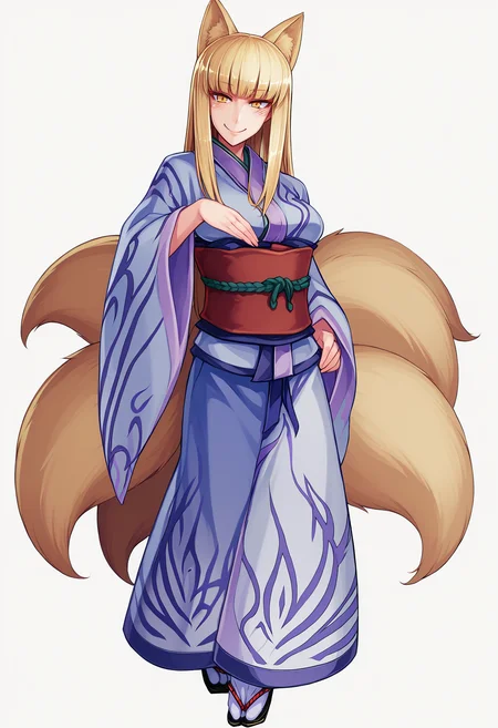 score_9, score_8_up, score_7_up, source_anime BREAK 1girl, solo, <lora:kitsune-mge-richy-v1_pdxl:1> inari, yellow eyes, fox ears, fox tail, multiple tails, blonde hair, long hair, large breasts, blue kimono, sash, tabi, obi,  <lora:kenkoucross-artist-richy-v1_pdxl:1> simple background, white background, full body, standing, looking at viewer, smile