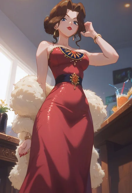 score_9, score_8_up, score_7_up, PMSAL, brown hair, single hair bun, low hair bun, bangs, sidelocks, lipstick, blue eyes, breasts, nail polish, earrings, strapless dress, red dress, bracelet, feather boa, red high heels, looking at viewer, facing viewer, armpits, from below, upper body, close-up, BREAK indoors, blue sky, day, sunlight, on yacht, party,
