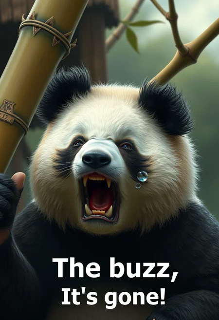 (ultra realistic, 32k, masterpiece:1.2), (high detailed:1.1), (high quality:1.1), Sad panda, crying, tears in eyes, last bamboo stick in hand, text that says The Buzz, Its gone!