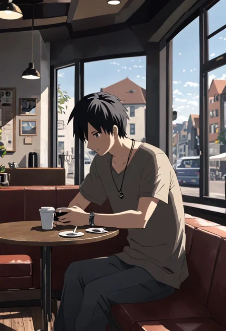 Highres, Masterpiece, High Quality, 4K, 8K, solo, 1Boy, Takaki Toono, adult, black hair, short hair, cafe, corner cafe, room corner, corner room, hang out, tables, chairs, sofas, pillows, window views, comfortable, coffee cups, casual wear, small simple necklaces, bracelets, watches, easynegative, detailed_eye_model