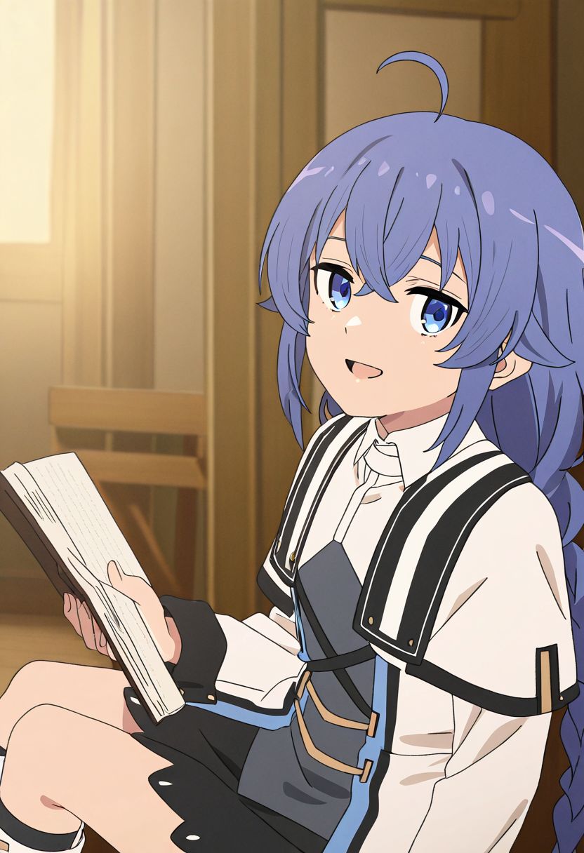 masterpiece, best quality, newest, absurdres, highres, detailed eyes, beautiful, detailed background, perfect eyes, anime coloring, 1girl, solo, petite, roxy migurdia, blue hair, long hair, twin braids, hair between eyes, ahoge, blue eyes, small breasts, RoxyMageB, white capelet, white jacket, long sleeves, black skirt, black socks, white boots, looking at viewer, smile, open mouth, (indoors, bedroom, sitting, wooden chair, holding book, open book,soft light), (upper body),  <lora:roxy_mskt_xl:0.8>