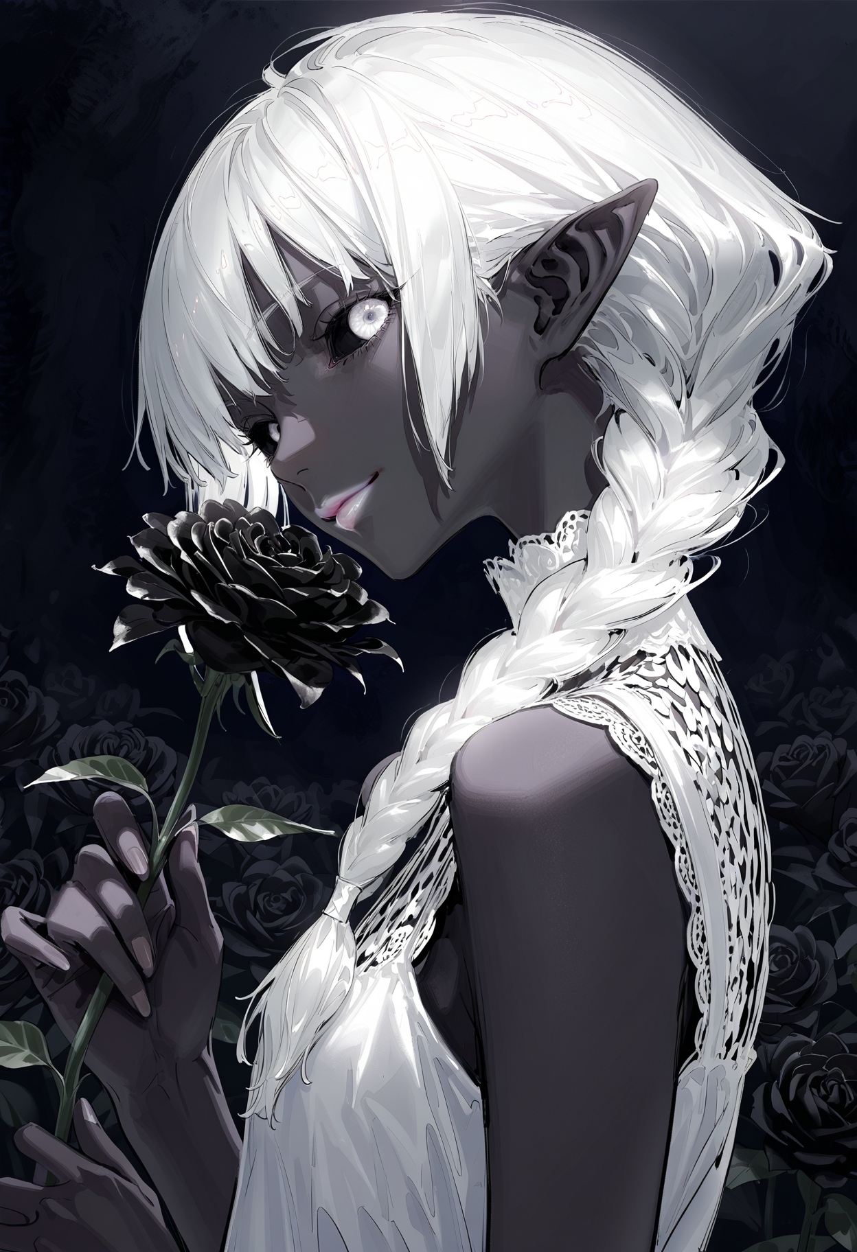 realistic textured painterly
(by yoneyama mai, rolua, roitz \( roitz \):1.25), 
limited palette, cinematic,
nose, lips,
side view, 1girl, dark elf, white dress, smelling a flower, black flower, holding a flower, white lips, white hair, white eyes, black sclera, single braid, sideways glance, looking at viewer, smirk, closed mouth, 
dark theme, 
very awa, best quality, highres, masterpiece,
<lora:nhl-002-19-nai-new:0.9> nhl-002,