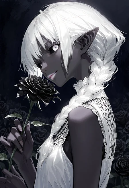 realistic textured painterly
(by yoneyama mai, rolua, roitz \( roitz \):1.25),
limited palette, cinematic,
nose, lips,
side view, 1girl, dark elf, white dress, smelling a flower, black flower, holding a flower, white lips, white hair, white eyes, black sclera, single braid, sideways glance, looking at viewer, smirk, closed mouth,
dark theme,
very awa, best quality, highres, masterpiece,
<lora:nhl-002-19-nai-new:0.9> nhl-002,