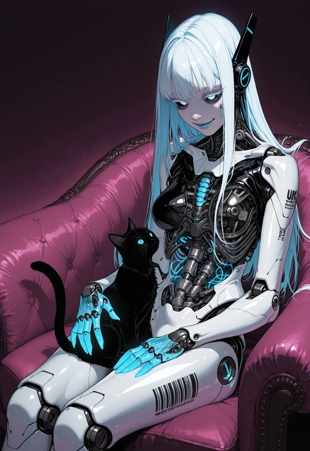 masterpiece, best quality, ultra detailed, very aesthetic, hdr, 8K, very awa, low light, dark shadows, newest, highres, white face, shiny white latex skin, high-res, motherly robotic female, black cat sitting on lap, long white gothic hair, white thick eyelashes, glowing neon blue eyes, neon blue lips, neon blue light details over body and face, glowing neon blue fingers, black sclera, large eyes, joints, robot joints, robot ears, neon blue transparent mechanical parts, transparent body, black barcode on stomach, glowing lights, warm motherly smile, sitting on a armchair, warm coloured room,