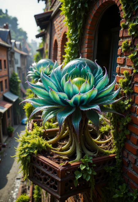 High-resolution realistic photograph of alienplants on a balcony, street view
