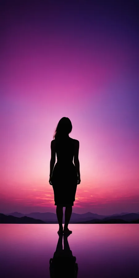 Woman's back,silhouette,pink and purple sky,sunset,serene,warm,surrealism style,high contrast,high definition photography,<lora:HMSGåªå½±XL-000001:0.8>,