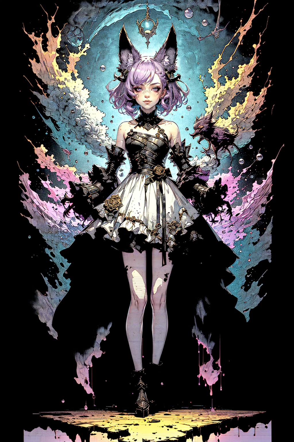 dreamwave aesthetic, (split, heaven and hell:1.4), cavern, clouds, (multicolored background, multicolored lights, magic, black hole), 1girl, solo, standing, full body, armored dress, white dress, purple hair, smug, short hair <lora:DreamwaveV2.5:1>