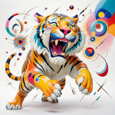 attacking tiger, (bright colors:1.2), white background, Kandinsky <lora:Kandinsky:0.8>