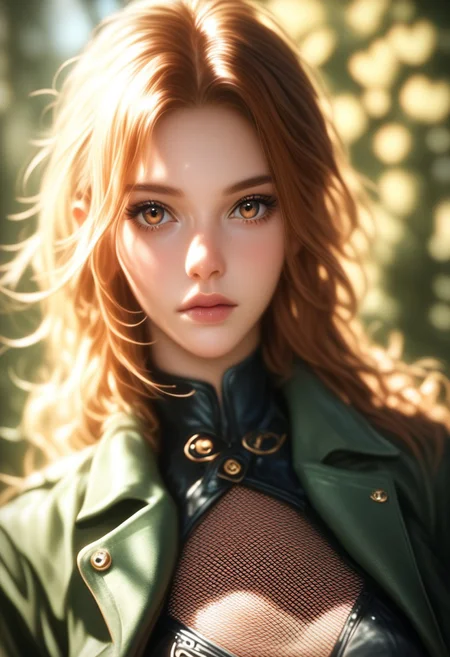 Score_9, score_8_up, score_7_up, score_6_up, score_5_up, score_4_up, 1girl, denim jacket, short ruffled skirt, fishnet tights, long loose hair, outdoors,portrait, hyperrealistic, closeup shot, detailed face, detailed eyes, beautiful girl, sunlight, shadows, shallow depth of field, blurry, gaze, hazel eyes,